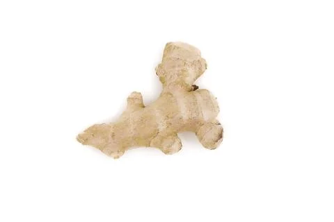 Raw ginger root on crisp white surface with soft lighting. Stock Photos