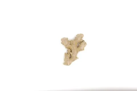 Raw ginger root displayed on smooth white backdrop. Stock-Fotos