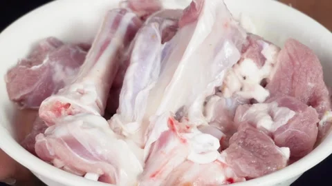 Raw Goat Meat (Mutton) on White Plate – Fresh Meat Preparation Footage Stock Footage 314510853