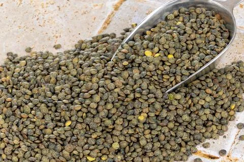 Raw green lentils on a table Stock Photos