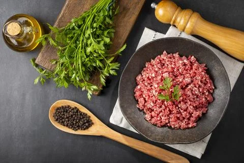 Raw ground beef ready for preparation. Stock Photos