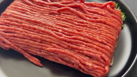 Raw ground meat beef or pork farm product healthy eating, nutritious dish Stock Footage 347317564