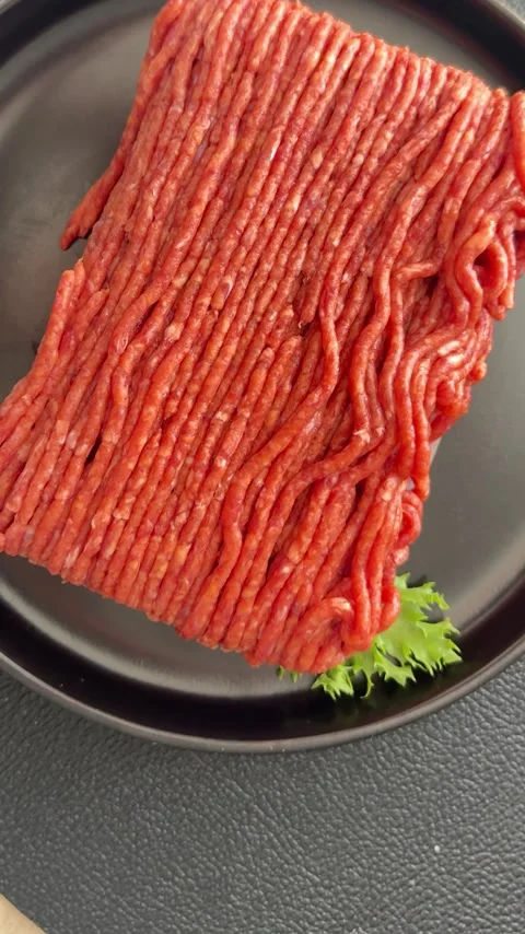 Raw ground meat beef or pork farm product healthy eating, nutritious dish Stock Footage 347317567