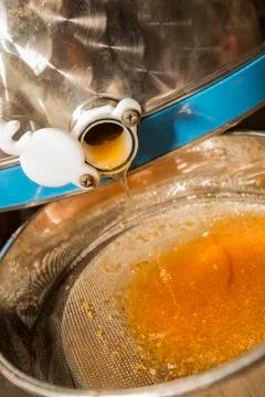 Raw honey go down from a container for the processing Stock Photos