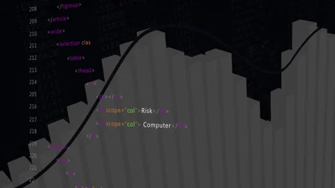 On raw HTML loading, code updating security, 3D bar chart growing, links sliding Stock Footage 314453668