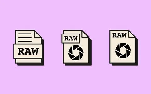 RAW image file icons with camera aperture symbol in retro vaporwave style Stock Illustration