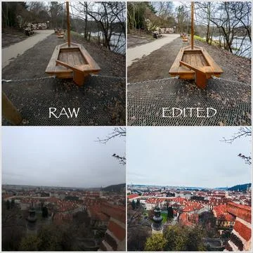 RAW Image Versus Enhanced Edited Photo Side-by-Side Comparison Stock-Fotos