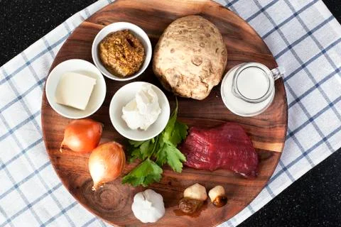 Raw ingredients for Beef Stroganoff Stock Photos