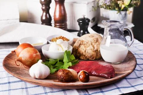 Raw ingredients for Beef Stroganoff Foto stock