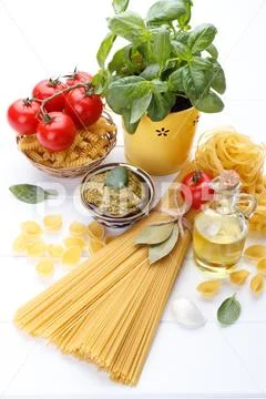 Raw ingredients for Italian pasta Stock Photos