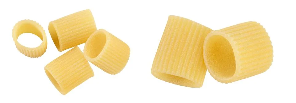 Raw italian pasta isolated on white background. Mezze Maniche Rigate Bronze die Stock Photos