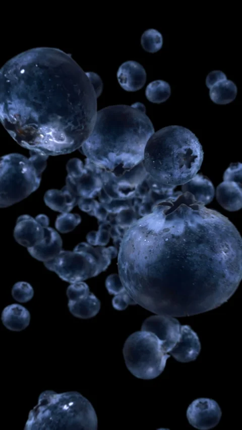 Raw juicy blueberries exploding and flying in super slow motion. Blueberry drops Stock Footage 317192949