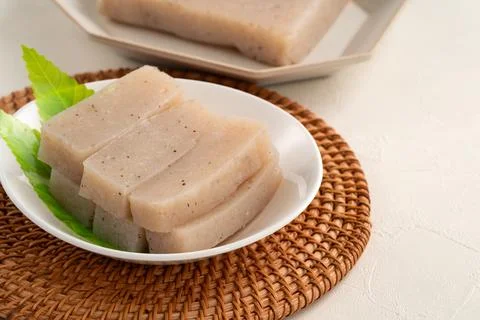 Raw konjac in square shape, also named konnyaku in Japan. Stock Photos