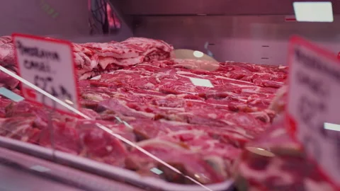 Raw lamb meat chops and loin in window showcase for sale. Stock Footage 295270910