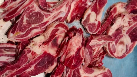 Raw lamb meat prepared for grilling 4k video. Stock Footage 340408050