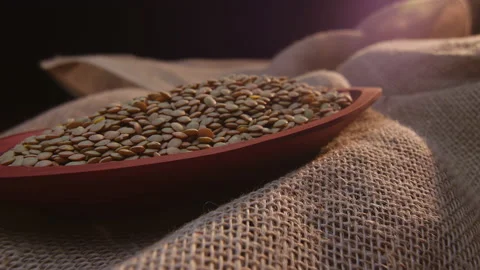 Raw lentil in a container Stockbeeldmateriaal 131466290