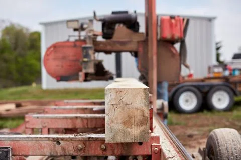 Raw lumber being processed for planks and beams Foto stock