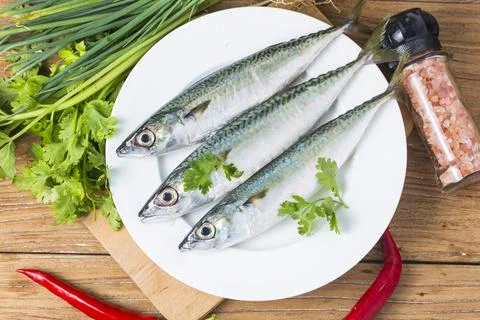 Raw mackerel with and spices Stock Photos
