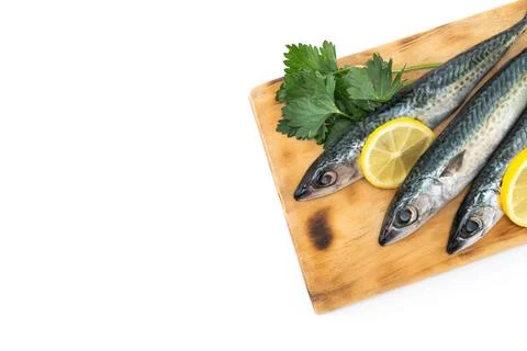 Raw mackerel fish on cutting board isolated on white background. Stock Photos