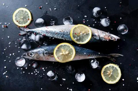 Raw mackerel fish, ice cubes, spices, salt ,   lemon slices, on a black backg Stock Photos