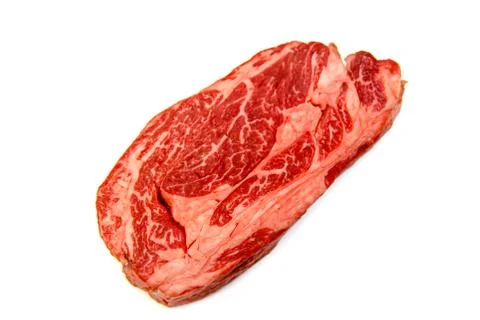 Raw marbled beef, Chuck roll steak on white background. Stock Photos