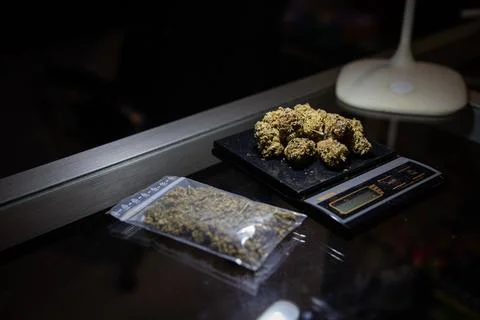 Raw marijuana weighed on a scale next to a bag of marijuana ready to be sold. Foto stock