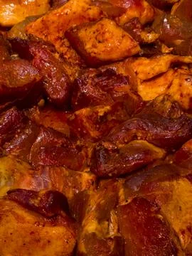 Raw Marinated Meat Chunks with Spices for BBQ and Grilling Stock Photos