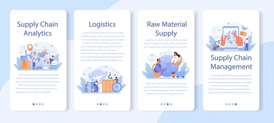 Raw material supply mobile application banner set. Suppliers, B2B idea, Stock Illustration