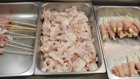Raw meat and bacon preparations Stock-Footage 304741801