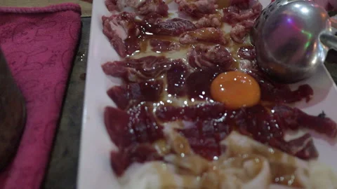 Raw Meat Beef &amp; Egg For Asian Thai Hotpot Sukiyaki, Jim Jum, Isaan Style Food Stock-Footage 240450780