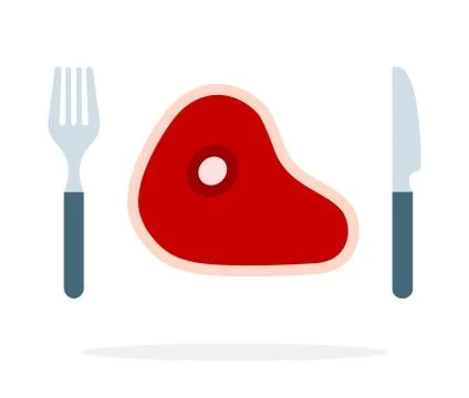 Raw meat on the bone with a fork and knife vector flat isolated Stock Illustration