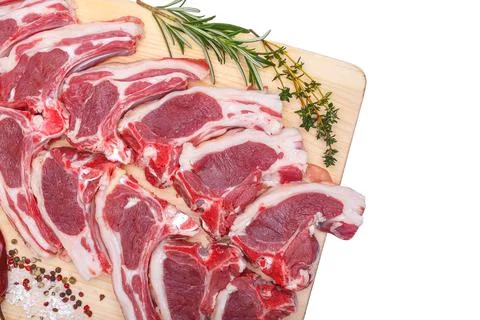 Raw meat brisket, beef bone, wooden cutting board, white isolated background Stock Photos