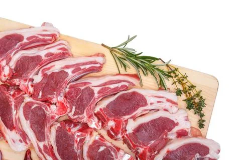 Raw meat brisket, beef bone, wooden cutting board, white isolated background Stock Photos