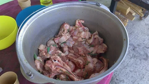 Raw Meat In A Cauldron Stock Footage 159728367