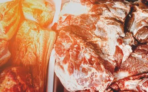 Raw meat close up. Store display. Butcher display.Beef Slice,Beef Brisket,cha Stock Photos