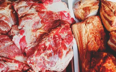 Raw meat close up. Store display. Butcher display.Beef Slice,Beef Brisket,cha Stock Photos
