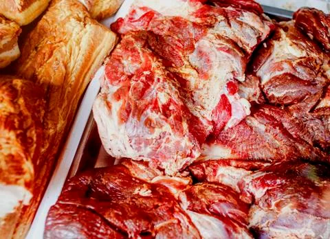 Raw meat close up. Store display. Butcher display.Beef Slice,Beef Brisket,cha Stock Photos