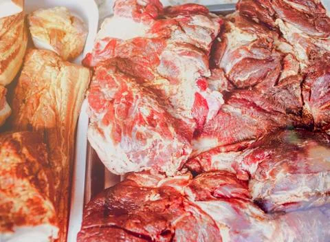 Raw meat close up. Store display. Butcher display.Beef Slice,Beef Brisket,cha Stock Photos