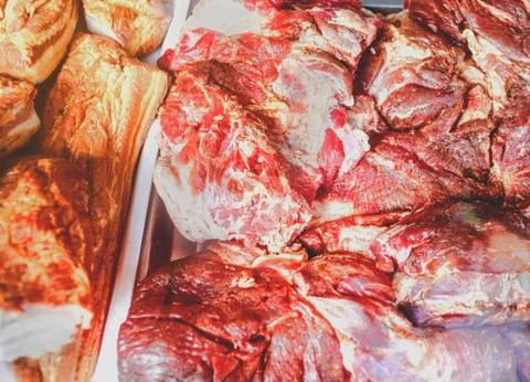 Raw meat close up. Store display. Butcher display.Beef Slice,Beef Brisket,cha Stock Photos