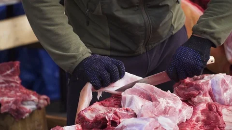 Raw meat on the counter Stock Footage 95765752