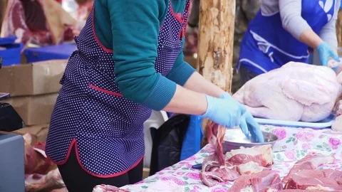 Raw meat on the counter Stock Footage 95766453