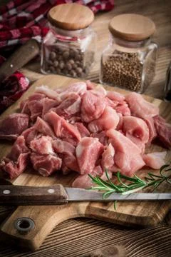 Raw meat diced for stew. Stock Photos