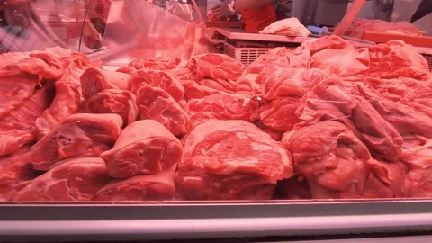 Raw meat display stand in Butcher market shop, food consumerism industry, 4k 스톡 동영상 345224495