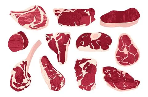 Raw meat elements. Cartoon fresh beef products, sliced steak ribs sirloin Stock Illustration