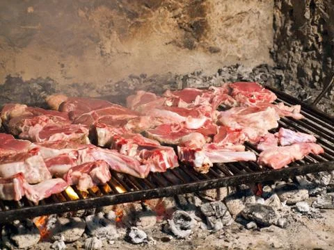 Raw meat on grill Stock Photos