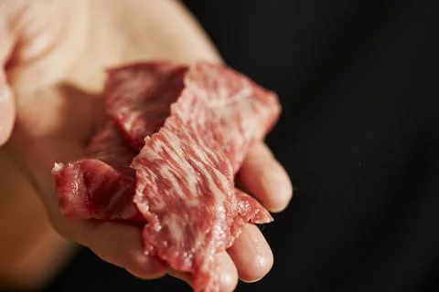 Raw meat in the hands of the chef Stock Photos