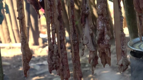 Raw meat hanging being grilled by smoky firewood heat traditional local rural Stock Footage 310285140