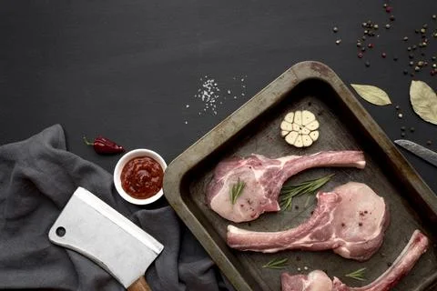 Raw meat prepared cooking baking pan Stock Photos