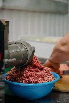 Raw meat. The process of preparing forcemeat by means of a meat grinder. Stock Photos