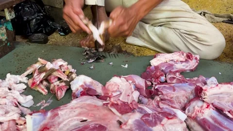 Raw meat processing workflow with butcher trimming and portioning fresh cuts Stock Footage 329600549